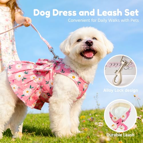 BAEJMJK Dog Dress Bowknot Harness Leash Set for Small Dogs Cats Daisy Floral Girl Dog Dresses Cute Puppy Princess Clothes ...