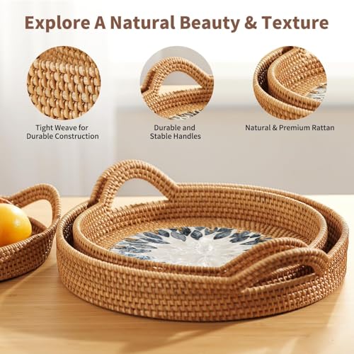 Mothers Day Gifts Set – 3 Handwoven Rattan Trays with Natural Shell Inlay, Boho Decorative Wicker Serving & Coffee Table T...