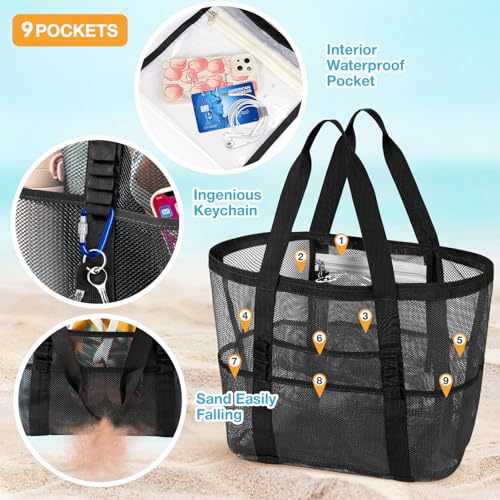 KPX Mesh Beach Bag, Large Beach Tote Bags for Women Foldable Mesh Swimming Pool Bag with Mini Pockets - Sandproof, Waterproof