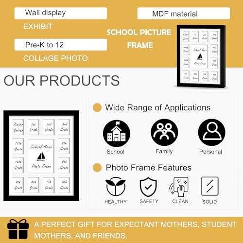 DUENPY 12x16 School Year Picture Frame K-12 Displays One 5x7 Photo and Twelve 2.5x3.5 Pictures Graduation Photo Collage Wa...