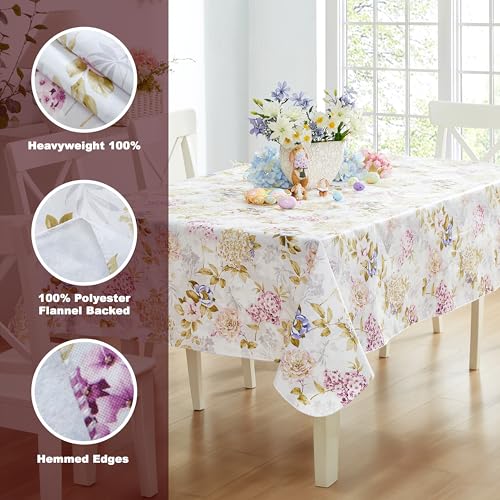 Newbridge Avery Garden Blooms and Buds Vinyl Rectangle Tablecloth, Hydrangea Pink Floral 60 x 102 Inch Flannel Backed Tabl...