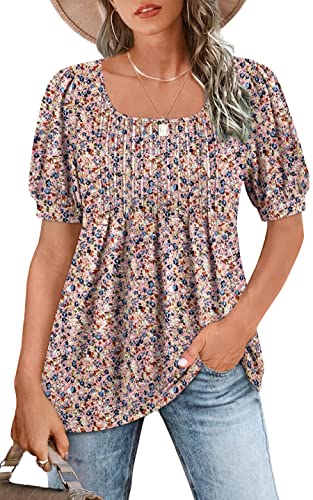 Zwurew Women's Summer Casual Puff Short Sleeve T-Shirts Square Neck Pleated Flowy Trendy Tunic Tops for Leggings S-2XL