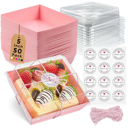 Leafiew 50 Pack Small Clear Treat Boxes - Dessert Boxes To Go - 5Inch Disposable Paper Mini Containers for Cookie, Cake Sl...