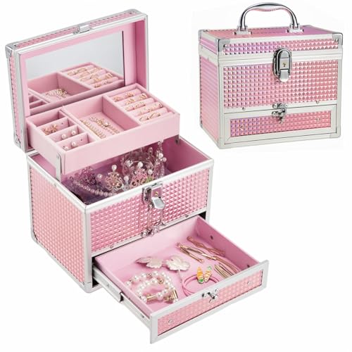 Hododou Girls Jewelry Box Organizer with Drawer & Mirror, Shiny Pink Style Lockable Storage Case for Kid or Little Girls J...