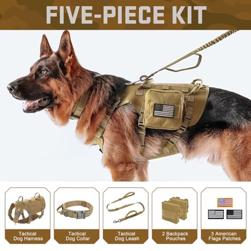 Forestpaw Tactical Dog Harness for Large Dogs,Tactical Dog Collar with Bungee Leash Set,No Pull Military Dog Harness for W...