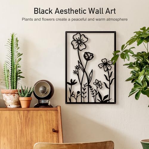 Sokurdeg Black Metal Flowers Wall Decor, Minimalist Floral Wall Hanging Art, Black Abstract Line Wall Art Sculptures for B...