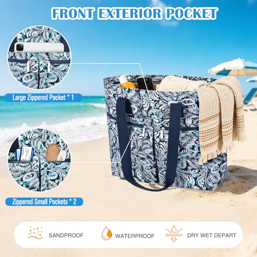 HUANLANG Large Beach Bags for Women Pool Bag with Zipper, Waterproof Sandproof Beach Tote Travel Bag with Wet Pocket | Wat...