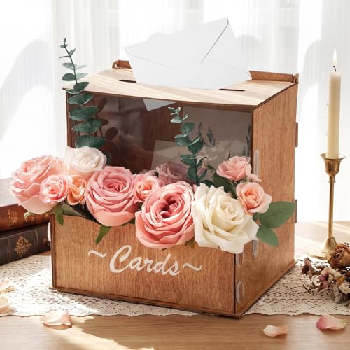 AceOrbit Wooden Rustic Wedding Card Box for Reception with Acrylic Window & Flower Holder, 9.8" Wood Money Gift Card Box w...