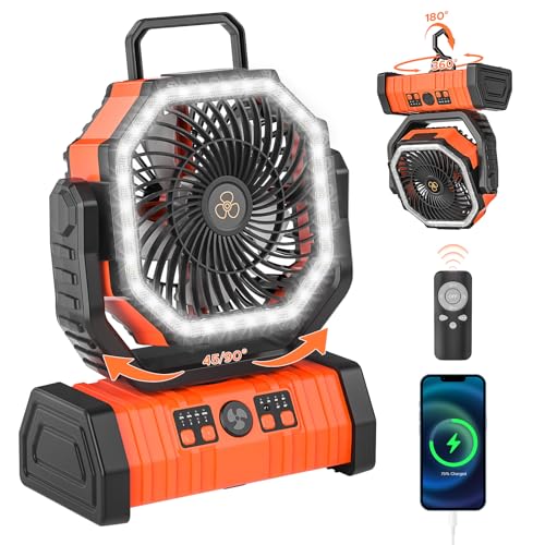 Rechargeable Camping Fan with LED Lantern, 20000mAh Auto-Oscillating Battery Operated with Remote/Hook/Timer, 8” Portable ...