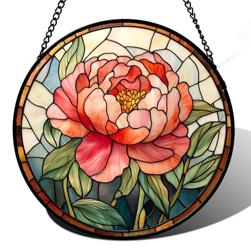 HWRHTR Stained Glass Window Hanging - Pink Peony Floral Suncatcher for Door Garden Yard Birth Flower Sun Catchers Decor Ch...