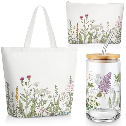 FoldTier 3 Pcs Plant Lover Gift for Mother's Day, Spring Aesthetic Gift for Women, Floral Canvas Tote Bag, 16 oz Coffee Cu...