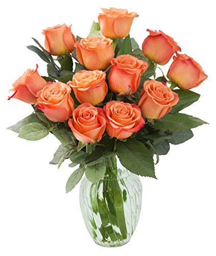 KaBloom - Bouquet of 12 Fresh Orange Roses with Vase - Fresh Flowers for Birthday, Valentine's & Mother's Day
