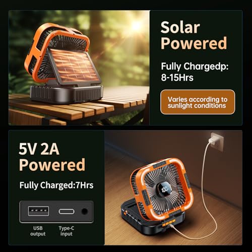 KIMMOO Solar Camping Fan with Light-10000mAh Rechargeable Portable, 6 Speeds, Digital Display, Timer, 120° Oscillation, Co...