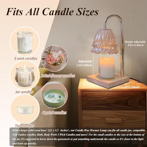 WARMCITY Glass Flower Lampshape Candle Warmer Lamp with Adjustable Height, Wax Burner Lamp with Timer and Dimmer, Wooden B...