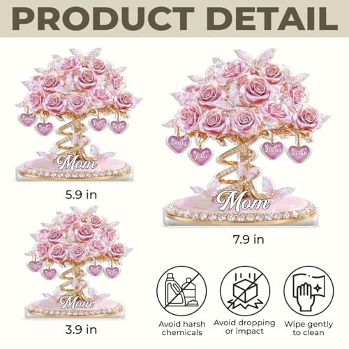 Custom Rose Tree Acrylic Plaque - Personalized Mother’sDay Gifts For Mom, Kids Names Heart Keepsake, Pink Floral Family De...
