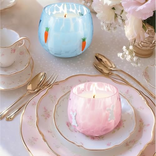 Treela Set of 2 Decorative Spring Easter Candles, 7oz Bunny & Carrot Soy Wax Icon Glass Jar Candles, Spring Home Table Cen...