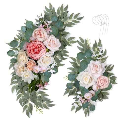 AitnWoy Artificial Wedding Arch Flowers Kit 2 PCS Dust Rose Flowers Silk Peony Floral Swag Welcome Sign for Wedding Ceremo...