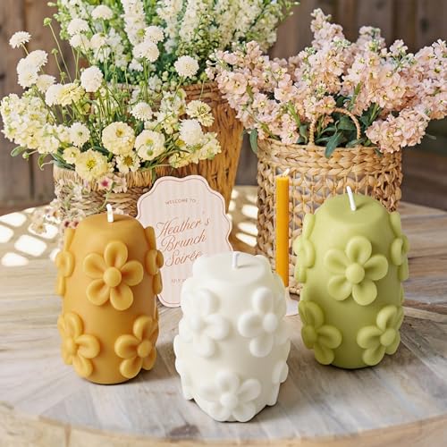 Lyrow 3 Pcs Daisy Pillar Candles 3D Embossed Floral Candle Set 3'' H Easter Decorative Candles for Spring Wedding Home Din...
