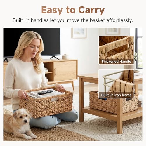 StorageWorks Extra Large Wicker Baskets for Organizing, Water Hyacinth Storage Basket with Built-in Handles, 1 Pack