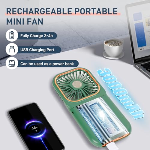 FADACHY Mini Fan,USB Portable Charger Handheld Fan, Small Personal Fan with 3 Speeds Neck Fan 3000mAh Power Bank