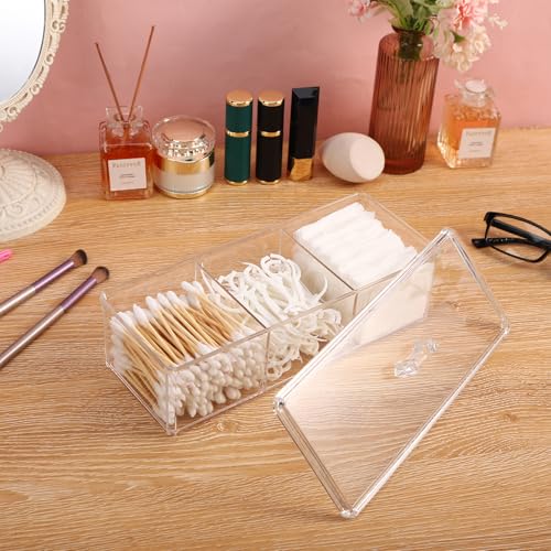 Sohalejr Qtip Holder Transparent 3 Compartments Cotton Ball and Swab Holder Organizer with Lid,Jar for Cotton Rounds,Bathr...
