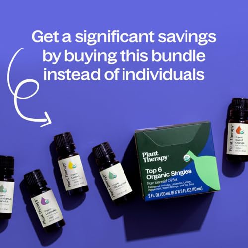 Plant Therapy Top 6 USDA Organic Essential Oil Set - Lavender, Peppermint, Eucalyptus, Lemon, Tea Tree 100% Pure, Natural ...
