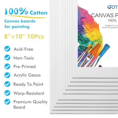 GOTIDEAL Canvas Boards, 8x10 inch Set of 10,Gesso Primed White Blank Canvases for Painting - 100% Cotton Art Supplies Canv...