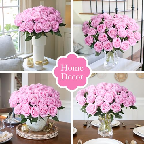 50 PCS Pink Roses Artificial Flowers, Real Looking Fake Roses with Long Stems Silk Flowers for DIY Wedding Bouquet Party C...