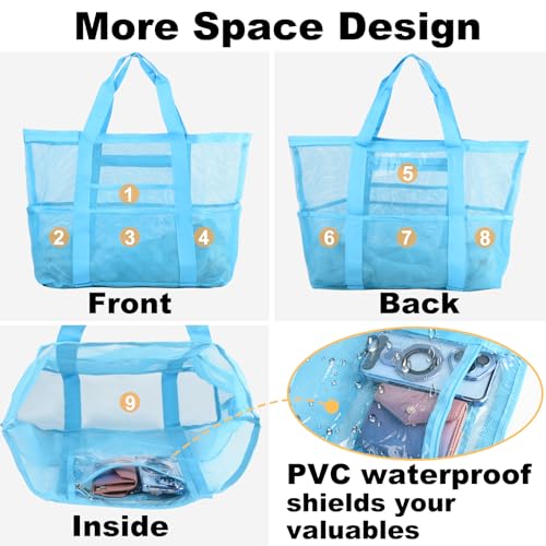 CaCTOUR Mesh Beach Bag,Large Beach Bags for Women with 8 Pockets,Packable Tote Bag for Beach Cruise Pool Vacation Essentials