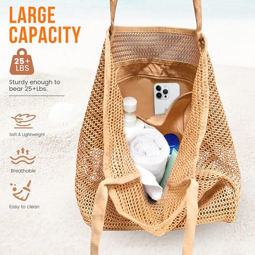 BESSKON Large Beach Bags for Women, Mesh Beach Tote with Zipper, Foldable Pool Tote Bag Travel Beachbag Waterproof Sandproof