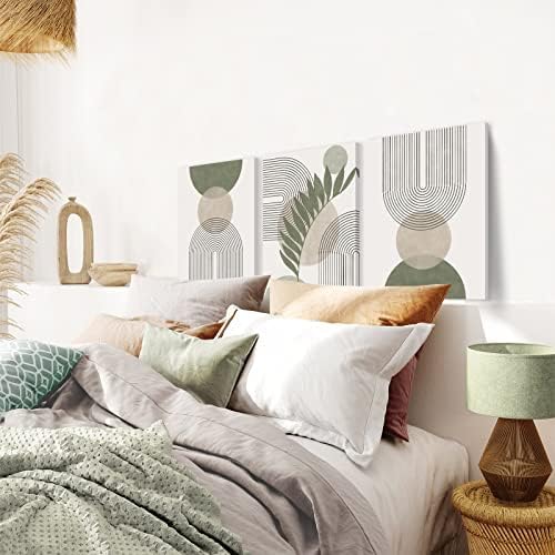 Sage Green Boho Wall Art Set of 3, Minimalist Framed Wall Art Geometric Line Leaf Sun Moon Beige Green Canvas Artwork Pain...