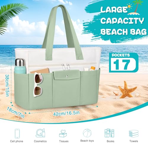 ZENTREON Beach Bags for Women Large Canvas Beach Tote with Zipper Wet Pocket, Waterproof Foldable Swim Pool Travel Tote Bags