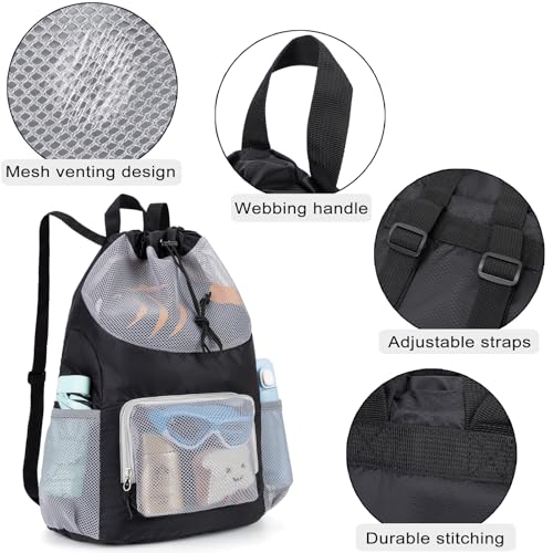 Veious Swim Bag for Kids Mesh Beach Backpack for Boys Lightweight Drawstring Beach Bag Swimming Pool Sports Gym String Bag...