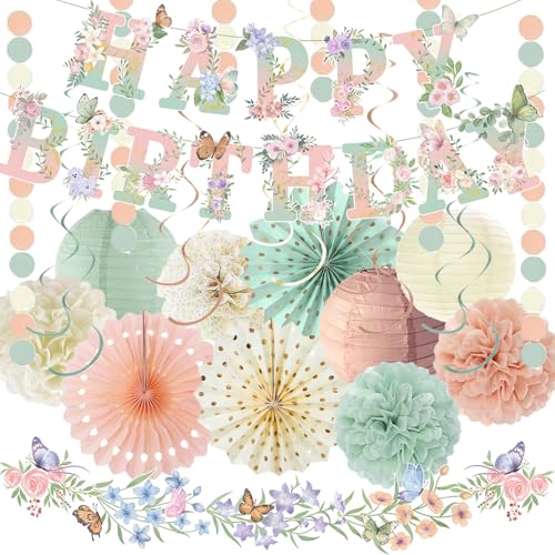 Sage Green Blush Pink Birthday Decorations,Flower Butterfly Happy Birthday Banner, Wildflower Garland,Paper Lanterns Tissu...