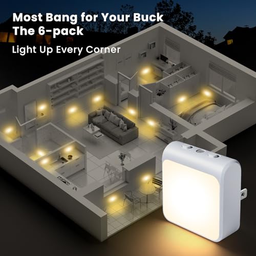6-Pack Dimmable LED Night Lights Plug into Wall with Dusk to Dawn Sensor, 2 Color in 1 Plug in Night Light 30-60lm Brightn...