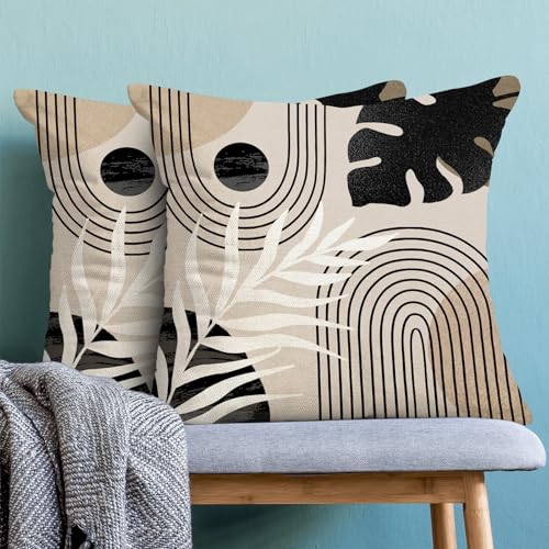 Boho Pillow Covers 20x20 Set of 2 Mid Century Black Beige Tropical Leaf Throw Pillow Covers Outdoor Decor Modern Abstract ...