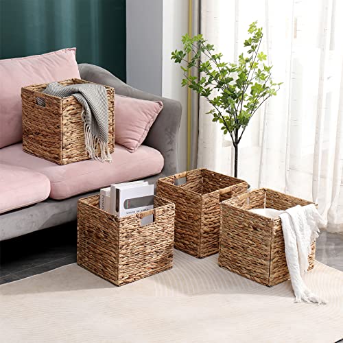 12x12in Storage Baskets Set of 4 Water Hyacinth Baskets,Foldable Handwoven Storage Cubes,Wicker Cube Baskets Laundry Organ...