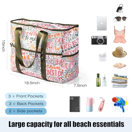 KUAK Mesh Beach Bag, Large Beach Tote with Top Zipper, 9 Pockets, Inner Waterproof Pocket for Family Pool Vacation Essentials