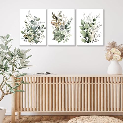 Bwodke Botanical Wall Art Plant Floral Watercolor Canvas Prints Set of 3 Framed Sage Green Painting Eucalyptus Leaf Pictur...