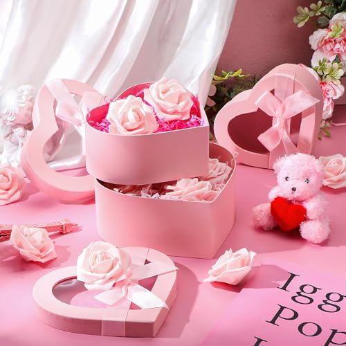Resurhang 4 Pcs Mother's Day Flower Boxes Heart Shaped Boxes Floral Gift Assorted Sizes with Transparent Window Lids and R...