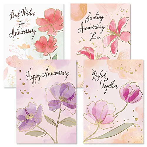 Current Floral Pairs Deluxe Happy Anniversary Cards For Couples - Set of 8 (4 Designs), 5 x 7 Inches, Sentiments Inside
