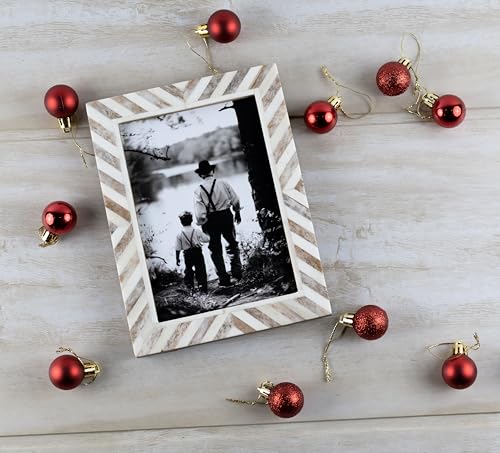 Lahumzco 4x6 Handmade Chevron Picture Frame – Brown & White Bone Inlay Design | Rustic Photo Frame for Tabletop & Wall, De...