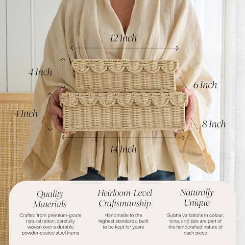 BEBE BASK Handwoven Stackable Decorative Storage Boxes with Lids, Set of 2 (14 × 8 × 4 in) – Scalloped Wicker Basket for H...