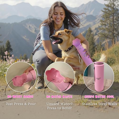 Waggle Bottle Stainless Steel Dog Travel Water Bottle, Vacuum Insulated Portable Dog Water Dispenser, Drink Cup and Snack ...