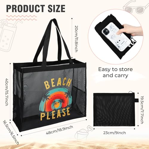 KUIRAN 30L Large Beach Bag with Pouch Foldable Sandproof Lightweight Mesh Tote Bag with Two Pockets for Swimming Travel