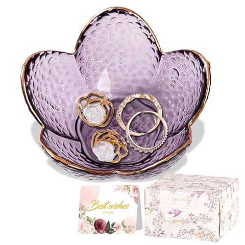 Purple Flower Jewelry Dish Glass Ring Holder Dish Jewelry Tray Cute Vanity Organizer Aesthetic Nightstand Bathroom Room De...