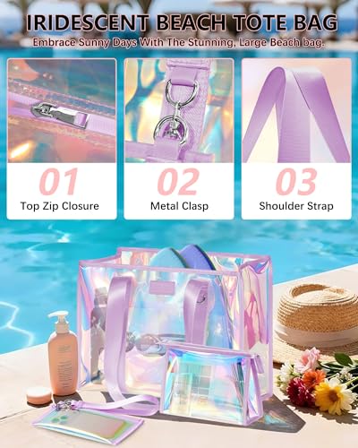 DSDCDJ Iridescent Beach Bags for Women, Large Jelly Tote Bag with Phone Pouch & Makeup Bag - Waterproof Beach Tote Bag