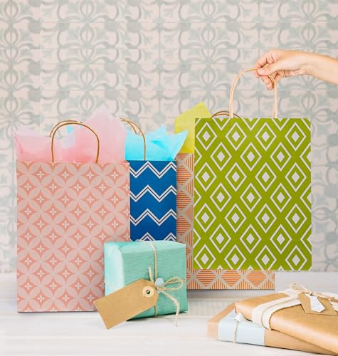 12 Pack 13" Large Kraft Paper Gift Bags Assortment with Tissue Paper & Handles, 12 Unique Solid & Geometric Pattern Design...