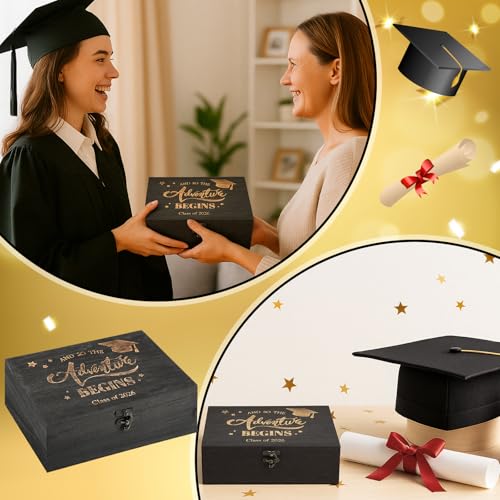 BreezeHug 2 Pcs Class of 2026 Graduation Keepsake Box Senior 2026 Gift Memory Chest Wooden Box with Hinged Lid Engraving G...