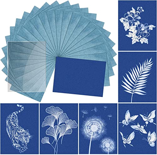 Sun Print Paper Kit Cyanotype Paper, 24 Sheets Cyanotype Papers with 1 Sheet Acrylic Panel, High Sensitive Nature Sun/Sola...